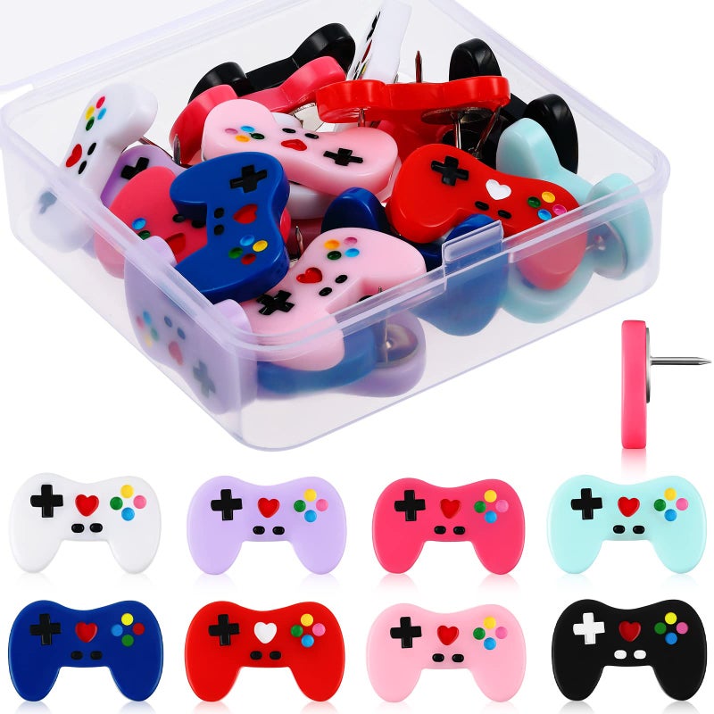 Spakon 24 Pcs Game Controller Decorative Pushpins Video Game Cork Board Tacks Cute Push Pins Colorful Thumb Tacks Decorative Thumbtacks with Storage Box for Corkboard Bulletin Board Wall Office  8 Colors - Image 1